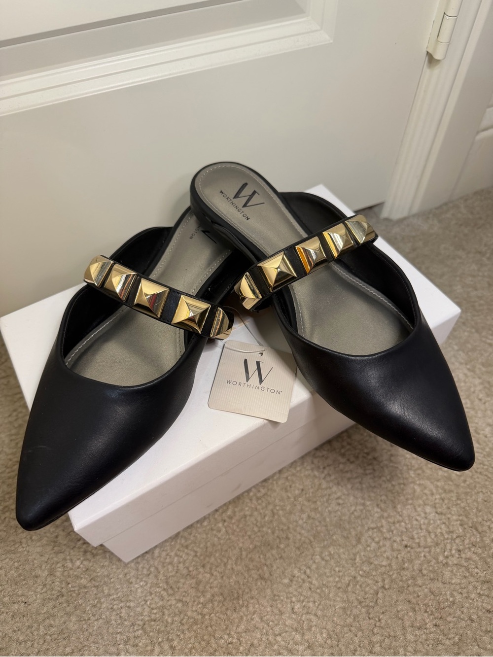 Worthington Black Pointed Mules with Gold Pyramid Stud Strap